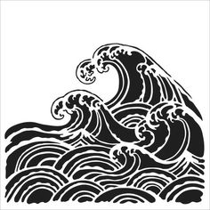 a black and white drawing of an ocean wave