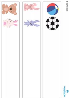 four bookmarks with different cartoon animals and balls on the front, one has a soccer ball