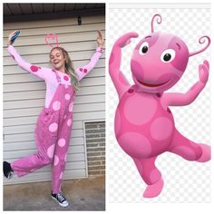 a woman in pink and white polka dot jumpsuits with her arms up while holding a cell phone