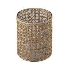 a wicker candle holder with an intricate design on the top and bottom, in gold