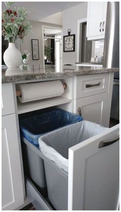 a kitchen with white cabinets and trash cans in the bottom drawer, next to a counter