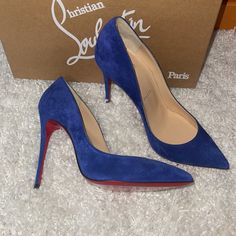 Brand New, Never Worn Christina Louboutin Pigalle Follies Size 37 Blue Velvet (Atlantic Color) Comes With Original Box And Dust Bag Christian Louboutin Pigalle 100, Louboutin Cinderella Shoes, Blue Christian Louboutin Heels, Luxury Fitted Blue Heels, Luxury Blue Heels, Electric Blue Shoes, Louboutin Spiked Heels, Christian Louboutin Kate 100, Louboutin Wedges