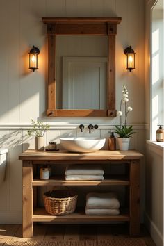 Rustic farmhouse bathroom with distressed wood vanity and barn door mirror Old Style Bathroom Vanity, Open Sink Vanity, Bathroom With Wood Vanity Ideas, Wood Vanity Vessel Sink, Bathroom Bowl Sink Ideas Wood Vanity, Brown Bathroom Vanity Ideas, Vanity Ideas For Small Bathrooms, Bathroom Vanity Country, Dark Wood Bathroom Vanity