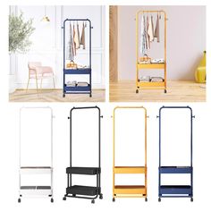 four different types of clothes racks in various colors and sizes, with one standing on wheels