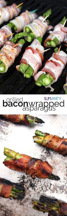 bacon wrapped asparagus are being cooked on the grill