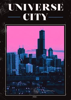 an image of a city skyline with the words universal city in black and pink on it