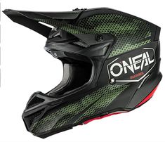 the oneal helmet is shown in black and green, with red lettering on it