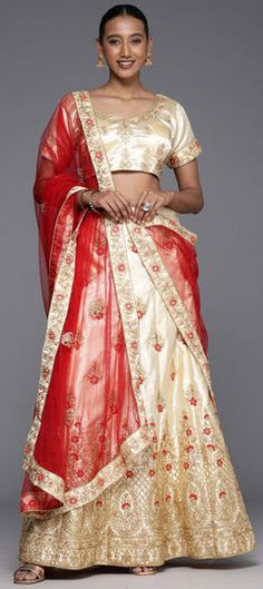 Beige and Brown color Lehenga in Satin Silk fabric with Embroidered, Stone, Thread, Zari work Engagement Mehendi, White Lehenga Choli, A Line Lehenga, Satin Lehenga, Engagement Lehenga, White Lehenga, Lehenga Dupatta, Choli Designs, Utsav Fashion