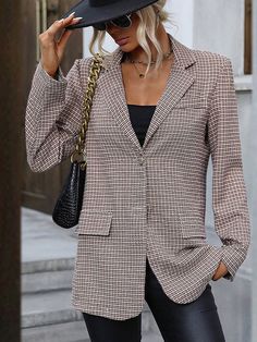 Style: Casual,Office Fit: Loose Fabric: Polyester Pattern: Check Element: Button,Pocket Top Length: Long Closure Type: Single Breasted Main Composition: Polyester Season: Spring/Fall Yoga Sets Outfit, Womens Plaid Blazer, Blazer For Women, Coffee Brown, Plaid Blazer, Office Casual, Everyday Dresses, Blazers For Women, T Shirt Dress