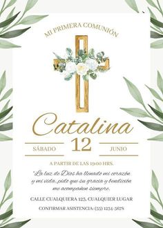 a white and gold cross with green leaves around it is the first anniversary card for catalina 12