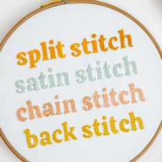 a cross stitch pattern with the words split stitch, stain stitch, chain stitch and back stitch