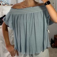 Baby Blue With White Embroidery Off The Shoulder Blouse From Local Boutique- Caren Forbes. Very Similar Style To Free People - Size Large - Off The Shoulder - Flowy Fit - Not Free People But Similar Style Light Blue Off-shoulder Summer Top, Light Blue Off-shoulder Top For Summer, Blue Bohemian Off-shoulder Top, Summer Blue Off-shoulder Blouse, Off-shoulder Cotton Peasant Top For Summer, Blue Off-shoulder Tops For Spring, Off-shoulder Blue Blouse, Summer Cotton Off-shoulder Blouse, Summer Off-shoulder Cotton Blouse