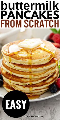 Text reads Easy Buttermilk Pancakes From Scratch Quick Homemade Pancakes, The Best Homemade Pancakes, Buttermilk Pancakes No Eggs, Easy Homemade Pancake Recipe Simple, Pancakes From Scratch Healthy, Simple Buttermilk Pancakes, Simple Homemade Pancake Recipe, Homemade Buttermilk Pancake Recipe, How To Make Buttermilk Pancakes