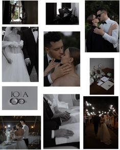 a collage of photos with people and wedding gowns in the foreground, one man kissing his wife on the forehead