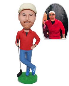 a custom bobble head golf player with a red shirt and blue pants