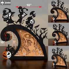 this is an image of a wooden clock with halloween decorations and pumpkins on it