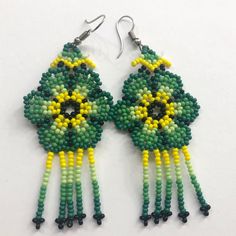 Hand Made Great Quality Green Flower Earrings Includes Silicon Earring Back Yellow Flower Shaped Earrings For Summer, Yellow Flower Charm Earrings For Summer, Bohemian Green Flower Charm Earrings, Yellow Flower Drop Earrings With Ear Wire, Casual Handmade Yellow Earrings, Handmade Green Flower Shaped Earrings, Handmade Yellow Flower Beaded Earrings, Handmade Green Flower-shaped Earrings, Yellow Beaded Flower Earrings