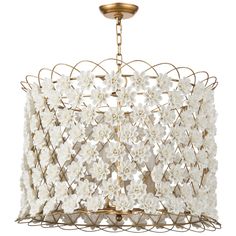 a chandelier with white flowers hanging from it's gold metal wire frame