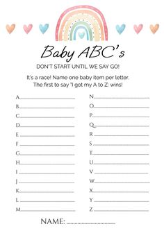 Baby Shower Baby ABCs Game Rainbow Theme Baby Shower, Rainbow Baby Shower Theme, Baby Shower Finger Foods, Baby Abc Game, Work Baby Showers, Baby Shower Wording, Twinkle Twinkle Baby Shower