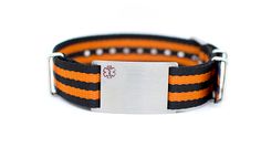 Nato Medical ID Bracelet - Orange Black Stripe - 18mm Casual Black Durable Wristband, Adjustable Black Rectangular Wristband, Black Adjustable Rectangular Wristband, Adjustable Black Hypoallergenic Bracelets, Adjustable Hypoallergenic Black Wristband, Adjustable Hypoallergenic Black Bracelets, Adjustable Hypoallergenic Black Bracelet, Medical Id Bracelets, Nato Strap