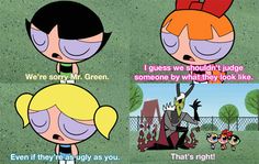 the powerpuff girls cartoon characters with different expressions and sayings on their faces