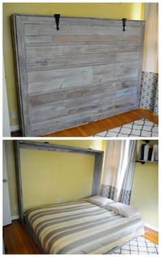 a bed frame made out of wood is shown in two different pictures, one with the headboard up