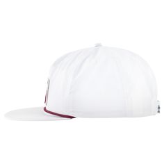 a white hat with red trims on the front and side panels, sitting against a white background