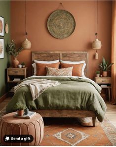 Terracotta Green Yellow Bedroom, Terra Cotta Green Bedroom, Teracota Painting Wall Bedroom, Rust And Green Bedroom Ideas, Terracotta And Green Bedding, Earthy Mcm Bedroom, Rust Colored Bedroom Walls, Desert Rose Bedroom, Terracotta Bedspread Bedroom