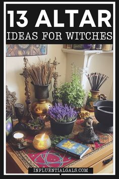 a table topped with vases filled with plants and other decorative items on top of it