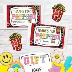 three gift tags with the words thanks for shopping and popcorn