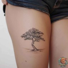 Stunning acacia tattoo design on the thigh, showcasing the beauty of nature with intricate details. Ideal for anyone looking for unique and meaningful tattoo ideas. Discover more at inktat2.com and save this pin! 🌼 African Tree Tattoo, Acacia Tree Tattoo, Acacia Tattoo, Pressure Tattoo, Tree Sleeve, Meaningful Tattoo Ideas, African Tree, Dad Tattoo