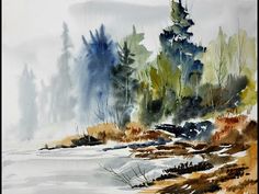 a watercolor painting of trees and snow on the ground near a body of water