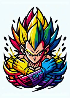 the dragon ball character with colorful hair and blue gloves is holding his arms out in front of