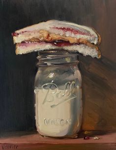 a painting of a jar filled with food