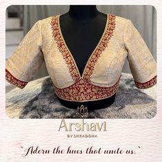 Cream Red Lehenga, Plunge Neck Blouse Design, Customised Blouse Design, Cream Saree With Red Blouse, Cream Colour Blouse Work Designs, Two Colours Blouse Designs, Cream Blouse Designs, Cream Colour Blouse Designs, Big Border Blouse Designs