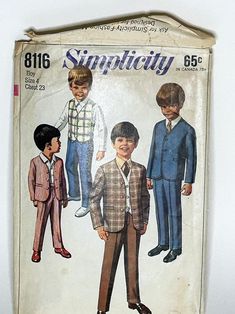 an old sewing pattern for children's suits and ties, with the image of two boys in different colors