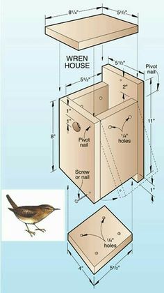 a bird sitting on top of a wooden box next to a drawing of a house