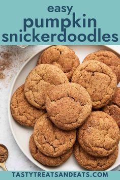 pumpkin spiced cookies on a plate with text overlay that reads easy pumpkin snickkerdoodles