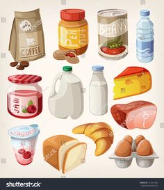 an assortment of food items including milk, bread and other things on a white background