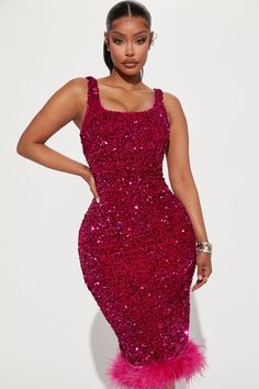 Coktail Dress, Glitz Dress, Magenta Fashion, Red Sequin Dress, Wedding Guest Style, Sequin Midi Dress, Glamorous Dresses, Feather Trim, Red Sequin