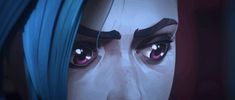 an animated image of a woman with blue hair and pink eyes looking at the camera