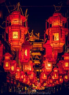 many red lanterns are lit up in the dark