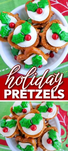 holiday pretzels on a plate with holly leaves