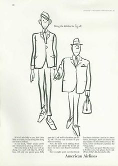 an advertisement for american airlines shows two men in suits and hats, one holding a bag