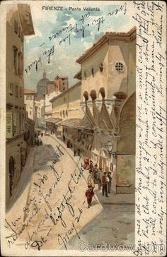 an old postcard with writing on it and people walking down the street in front of buildings