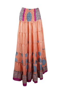 Embrace your free-spirited side with our Peach Summer Boho Chic 2 in 1, Maxi Skirt Dress designed for the modern soul who loves to blend comfort and style. This flowing, maxi-length skirt features floral prints and earthy tones, perfect for creating a laid-back yet hippie-style look. Handcrafted with care, the skirt boasts tiered layers, ruched waist that can be pulled up as a strapless dress and subtle, giving it a graceful, gypsy flair. Whether you're strolling on the beach or attending a fest Multicolor Boho Beach Skirt, Colorful Bohemian Beach Skirt, Multicolor Bohemian Maxi Length Cover-up, Multicolor Non-stretch Maxi Skirt For Beach, Beach Maxi Skirt, Non-stretch Multicolor Bohemian Maxi Skirt, Maxi Skirt Dress, Boho Skirts, Boho Summer