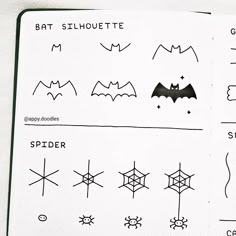 a notebook with some drawings on it and writing in black ink that says bat silhouette