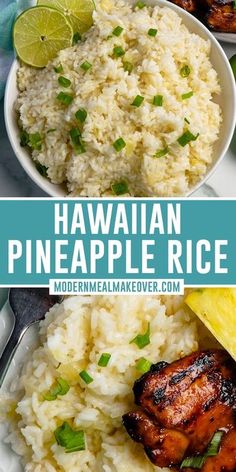 hawaiian pineapple rice is served with grilled chicken and garnished with fresh green onions