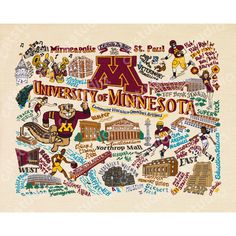 the university of minnesota state map is shown in red, yellow and blue with words written all over it