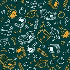 a green background with yellow and white doodles on the theme of books, school supplies